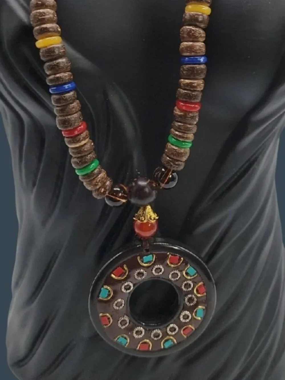 Unisex Nepal Buddhist Mala Wood Bead Pendant Necklace 30